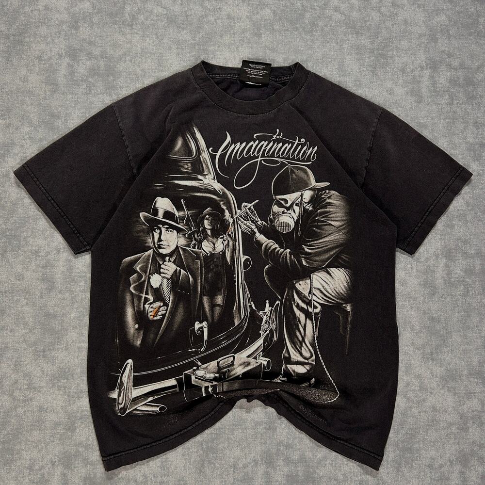 DGA David Gonzales Imagination Al Capone AOP streetwear Y2K graphic tee mens S